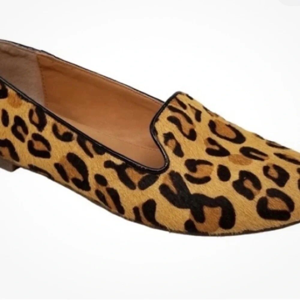 J Crew Factory Leopard Print Calf Hair Leather Flats Loafers Womens 8 Animal - Picture 2 of 5